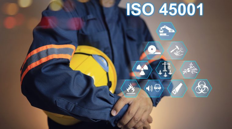 iso 45001 concept. workplace safety standard health and safety of employee or worker. Standard icons and safety symbols and staff holding helmet to encourage about safety work matter.