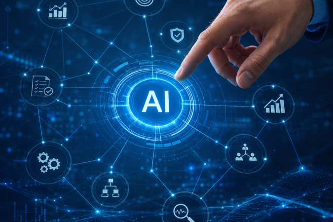 Hand interacting with an AI management interface for the Certified Artificial Intelligence Manager course.