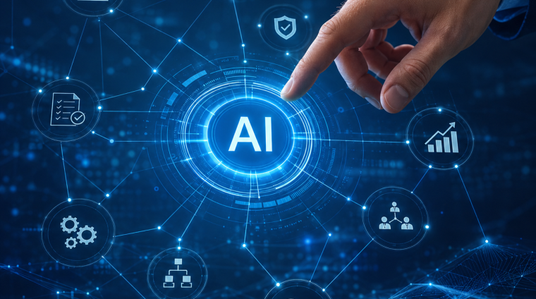 Hand interacting with an AI management interface for the Certified Artificial Intelligence Manager course.