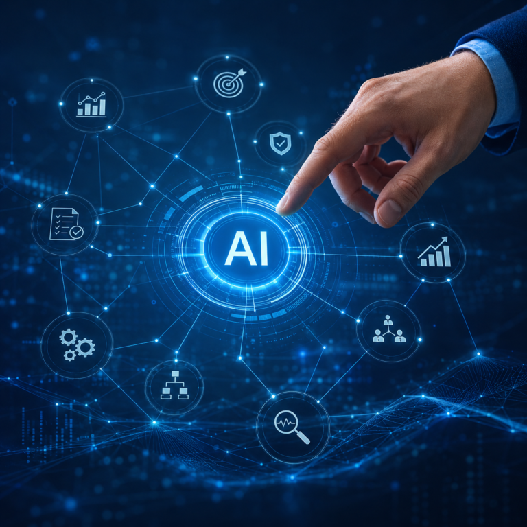 Hand interacting with an AI management interface for the Certified Artificial Intelligence Manager course.